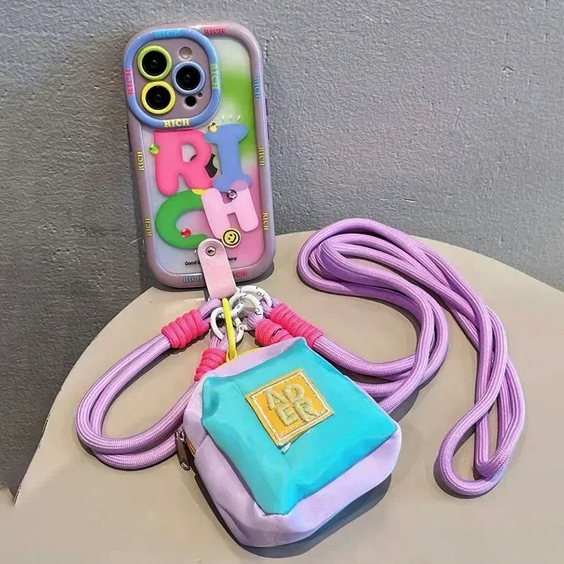 For iphone 15 16 11 12 13 14 Pro Max Phone Straps Painting Case Long Cross Body Lanyard Covers Protective Hand Chain Rich Shell