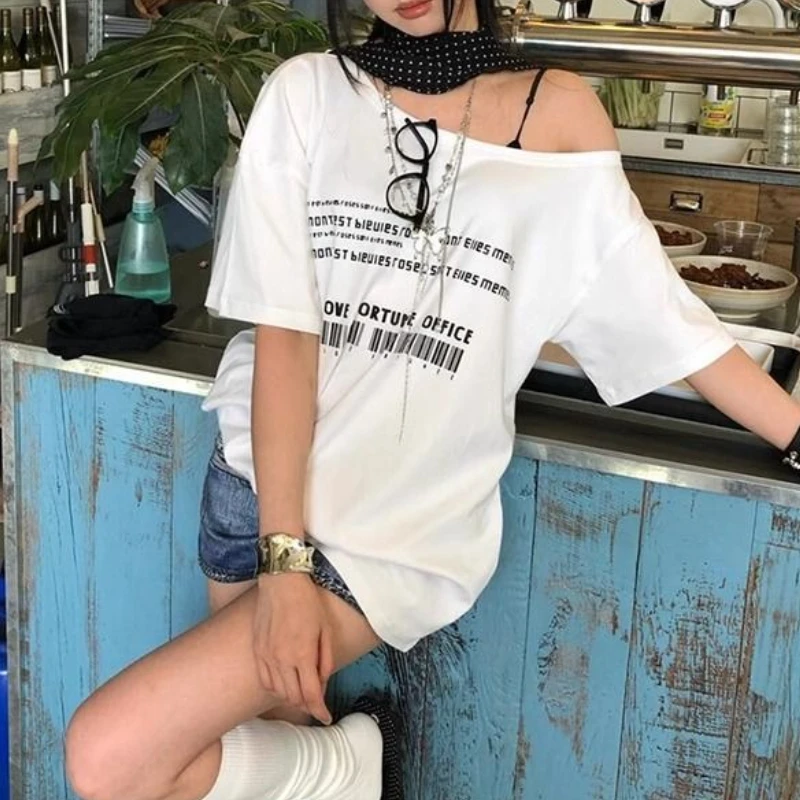 

American Women Loose T Shirts Office Lady Harajuku Vintage Letter Print Sexy Off The Shoulder Clothes Y2k Aesthetic Punk Tops