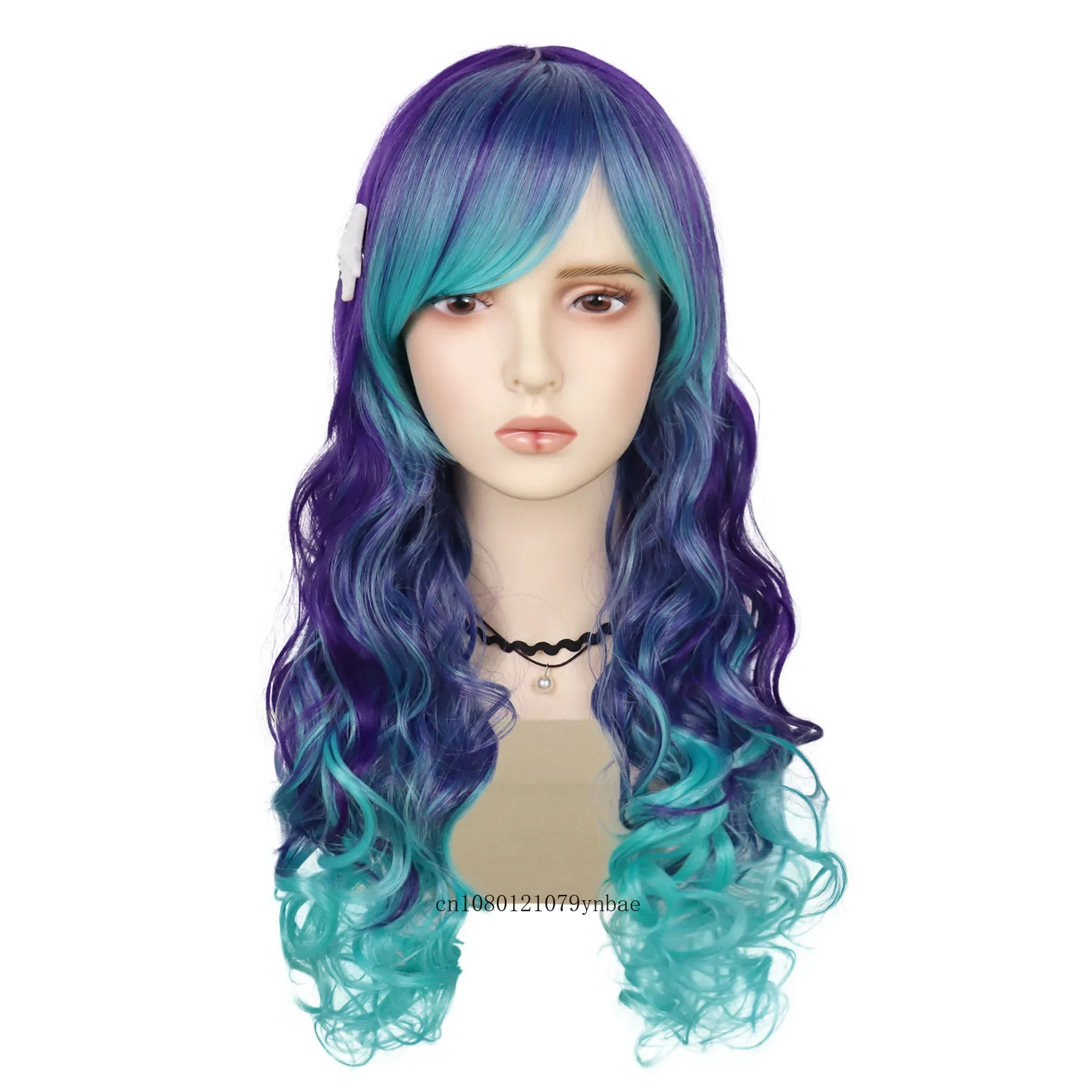 Lovely Synthetic Green Blue Purple Wigs for Women Long Wavy Wig with Starfish Hair Clip Halloween Princess Mermaid Cosplay Wig