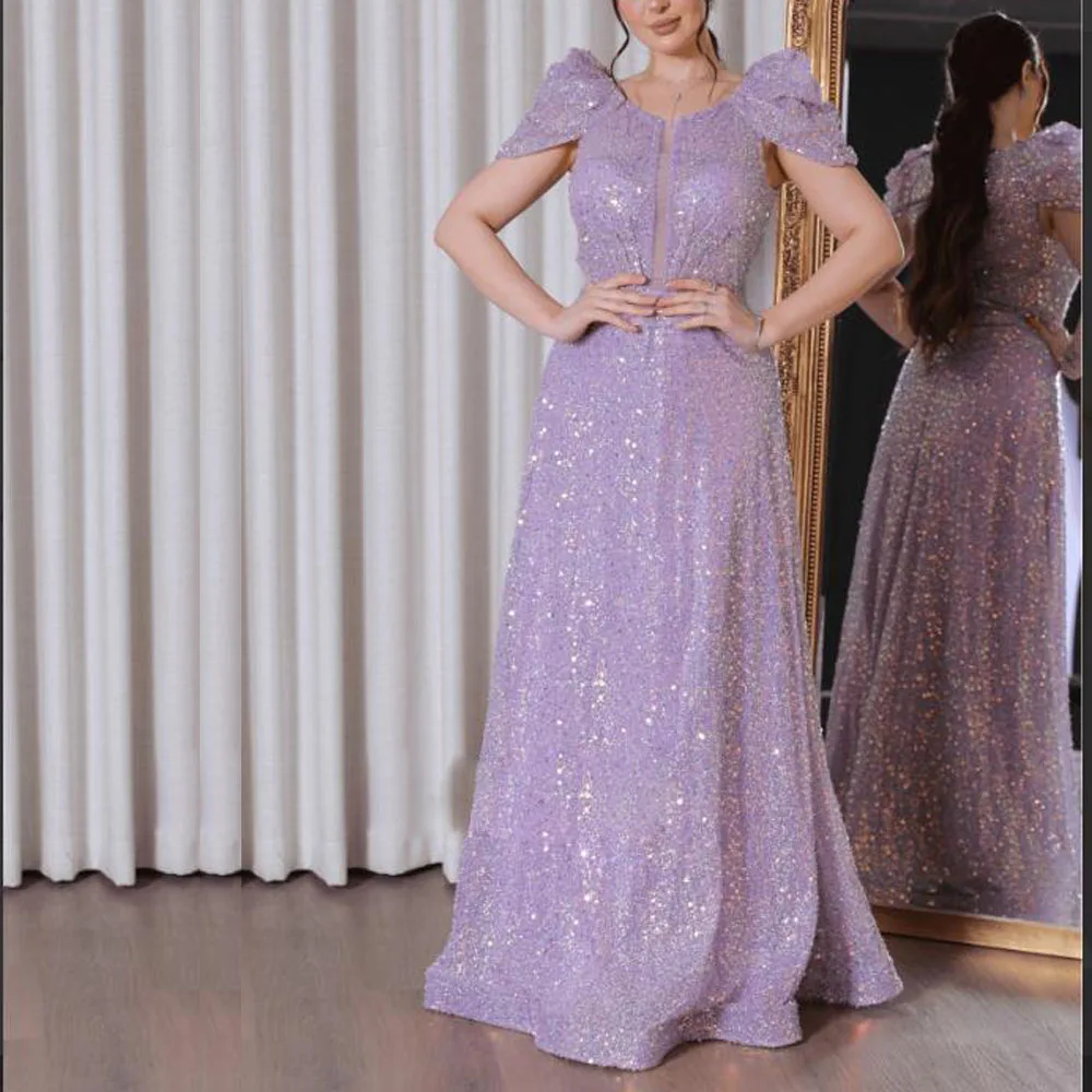 맞춤형 라일락 스팽글 프롬 드레스 2025 O넥 캡 슬리브 맥시 드레스 여성용 A라인 바닥 길이 웨딩 파티 가운