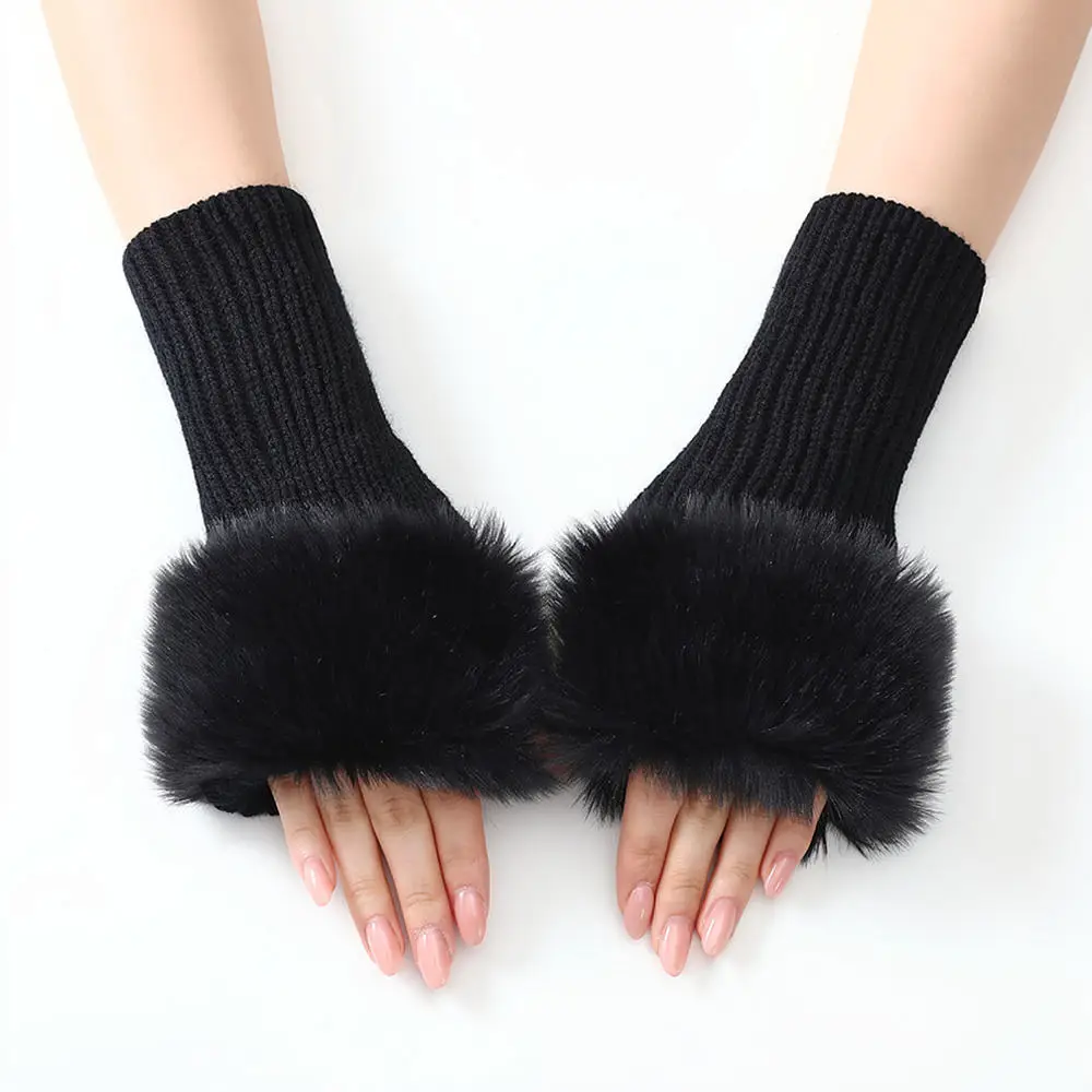 Ladies Autumn Winter Knitted Fingerless Gloves Striped Arm Warmers Plush Edge Sleeves Cozy Thermal Windproof Hand Protector
