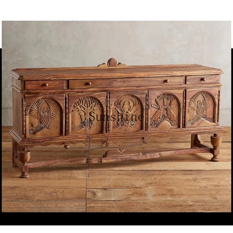 

American country solid wood carving flower personalized TV retro hand-carved animal meal side porch cabinet