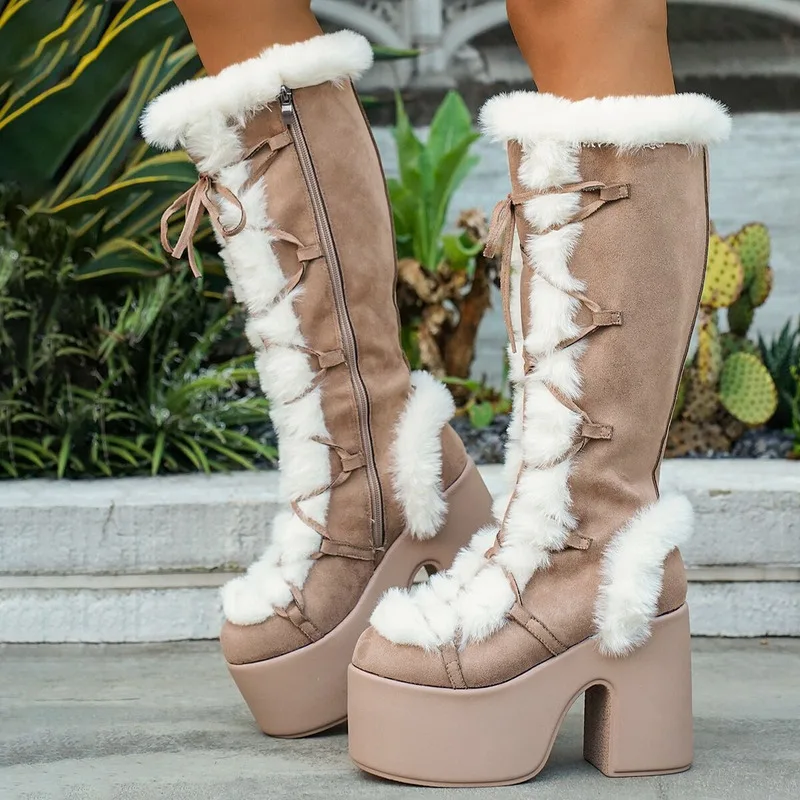 

Thick Soled Fur High Boots With Round Toe Thick Heel, Winter Autumn Knee Length Women's Suede Zipper Gothic Punk Shoes