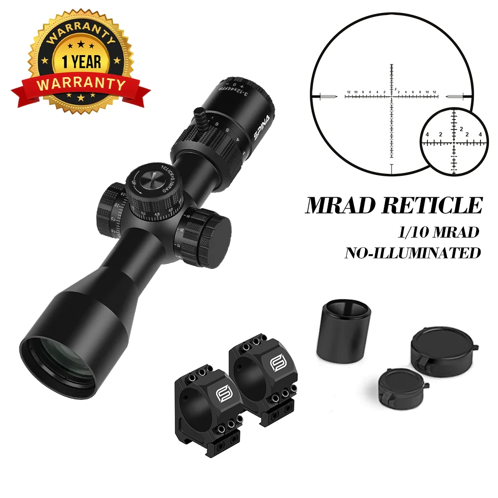 SPINA OPTICS Riptide HD 3-12x44 FFP SFIR Kompakte Zielfernrohr Optik Tactical Jagd Seitliche Parallaxenverstellung für Karabiner AR15 PCP .308 5.56 22LR 7