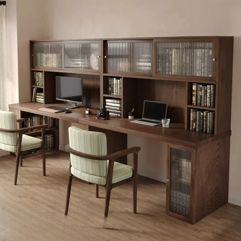 Solid wood desk, bookcase, integrated study room, children's double learning and writing table, household long table