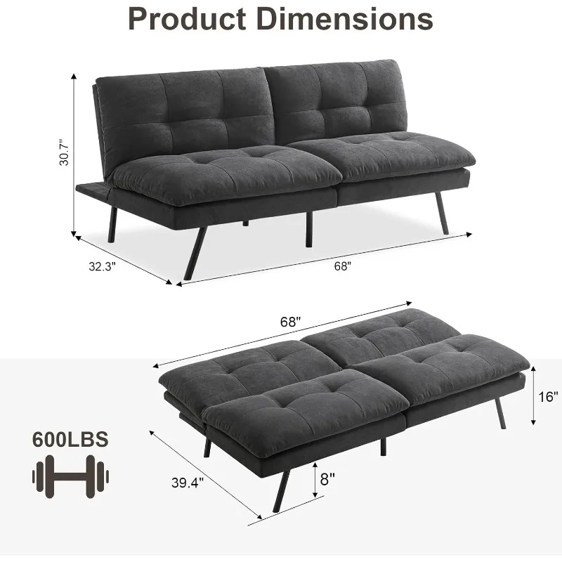 Futon-slaapbank, 68 inch converteerbare traagschuim futons-slaapbank, verstelbare rugleuningen bank-slaapbed