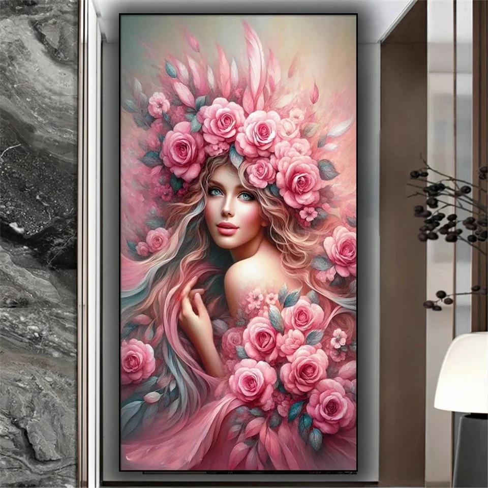 Diamond Painting Black Gold Woman Flowers Picture Of Rhinestone DIY 5D Embroidery Goddess of Rose Diamond Mosaic Large Art