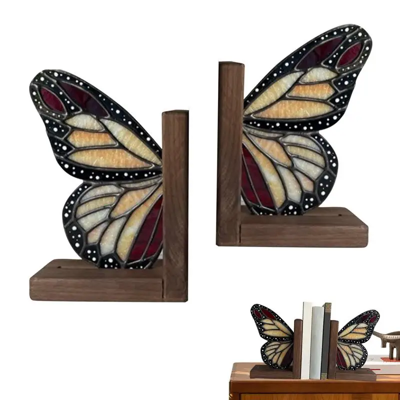 Decorative Bookends Vintage Wooden Planet Butterfly Book End Decorative Book Holder Stand 30x15cm/11.81x5.91 Inch Bookend Organi