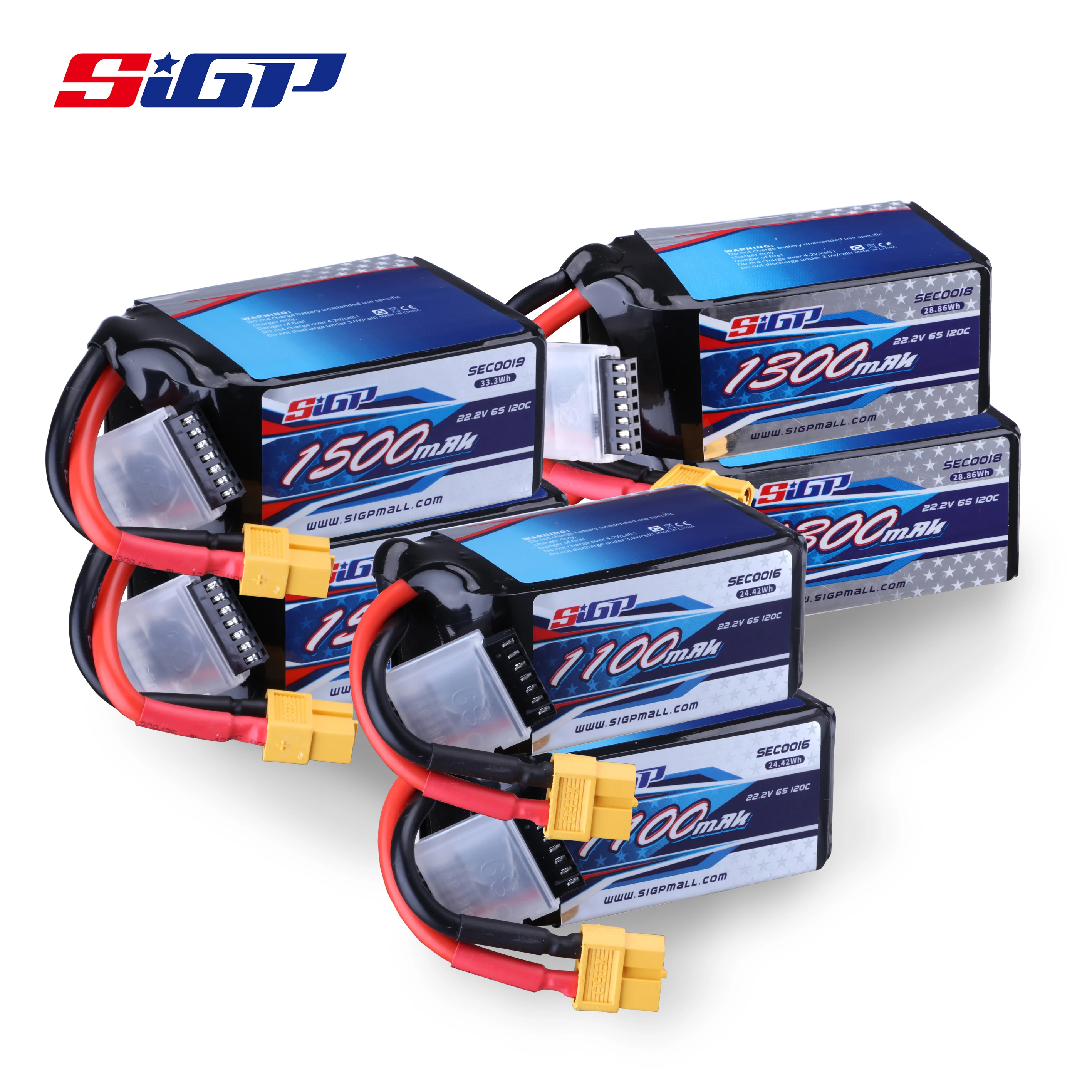 SIGP 6S Lipo Battery 1100mAh 1300mAh 1500mAh 22.2V 120C with XT60 Connector for RC FPV Quadcopter Airplane Helicopter Racing 2pc