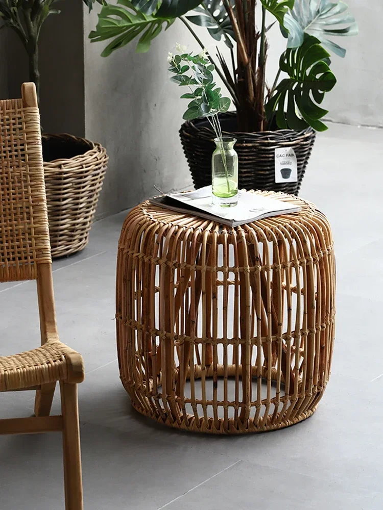 Rattan Stool Creative Weaving Low Stool Vintage B & B Style Living Room Leisure Bench