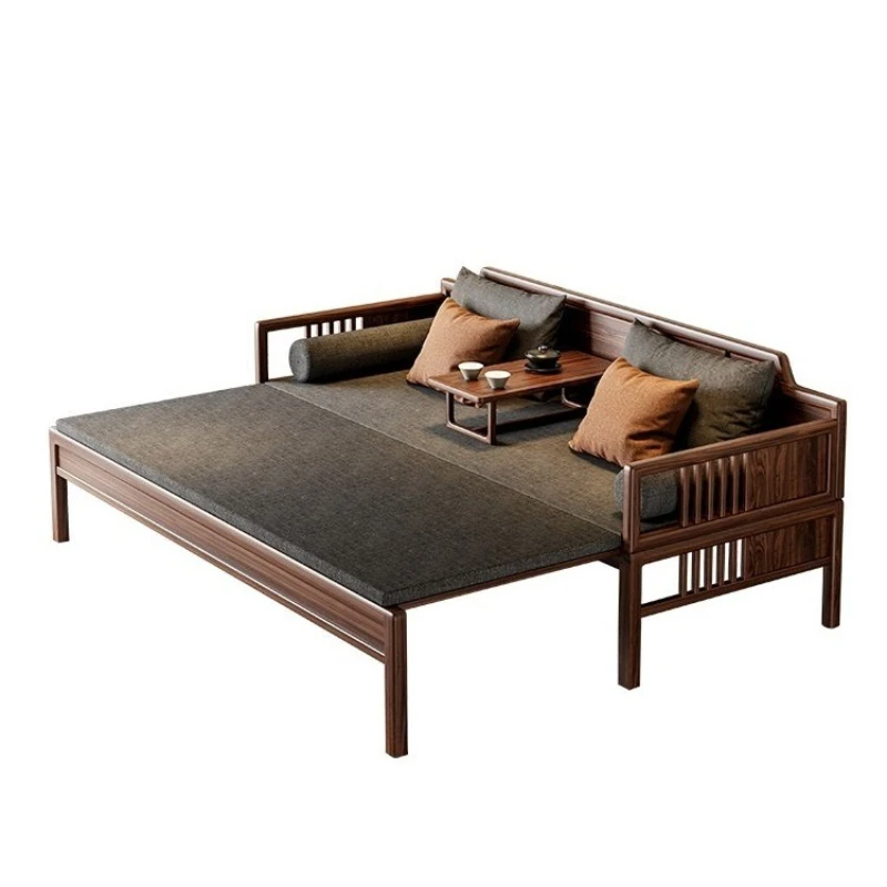 New Chinese Arhat bed, black walnut solid wood, Zen chaise longue, three-person straight row, household living room