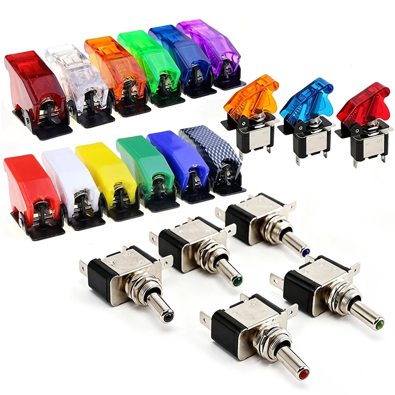 1Set 12V 20A Illuminated LED Toggle Switch Set with Safety Aircraft Flip up Cover Guard for Auto Car Boat Truck - Red Blue Green