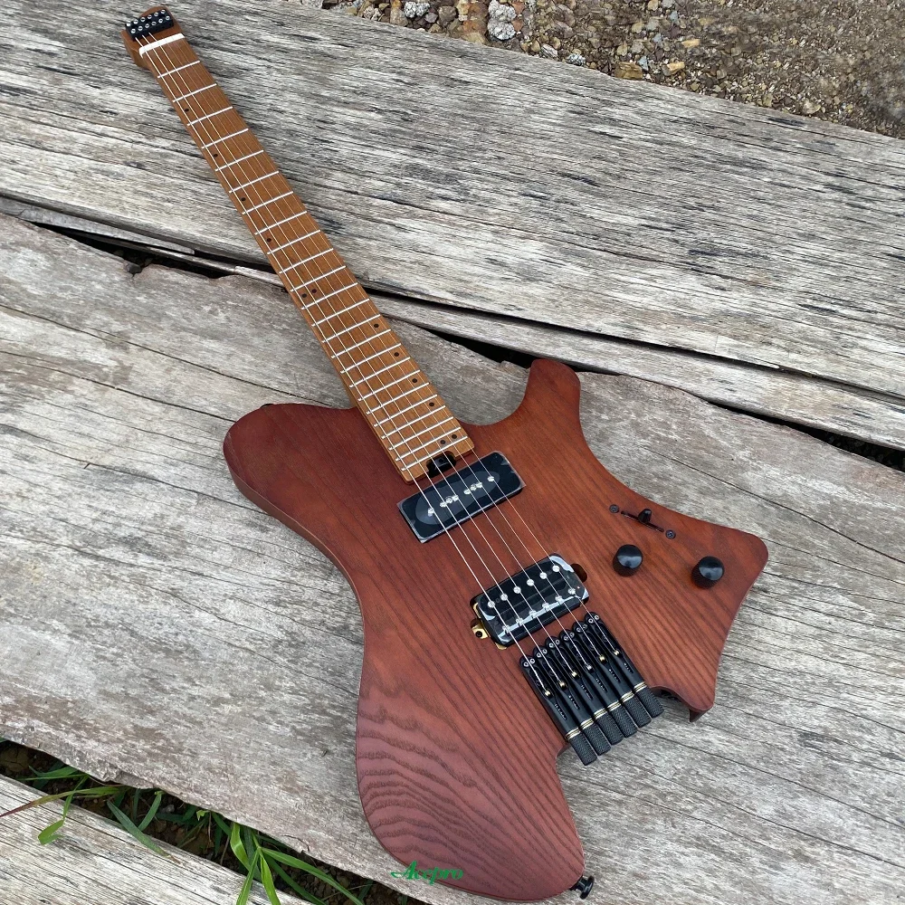 

In Stock Acepro Upgraded Headless Electric Guitar Brown Roasted Ash Body P90+ Humbucker Pickups Roasted Maple Fretboard Guitarra