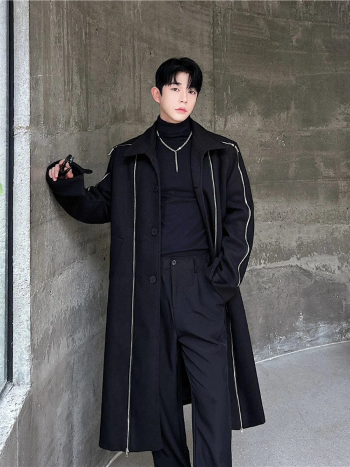 

Winter New Multi-Zipper Design Mid-Length Men's Over-Knee Woolen Coat Trendy Youth ular Loose Fit Polyester Blend