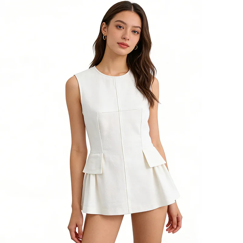 

SLTNX New Womens Simple Commuting - style Round - neck Sleeveless Top with Peplum Hem Stylish and Practical Lady's Top