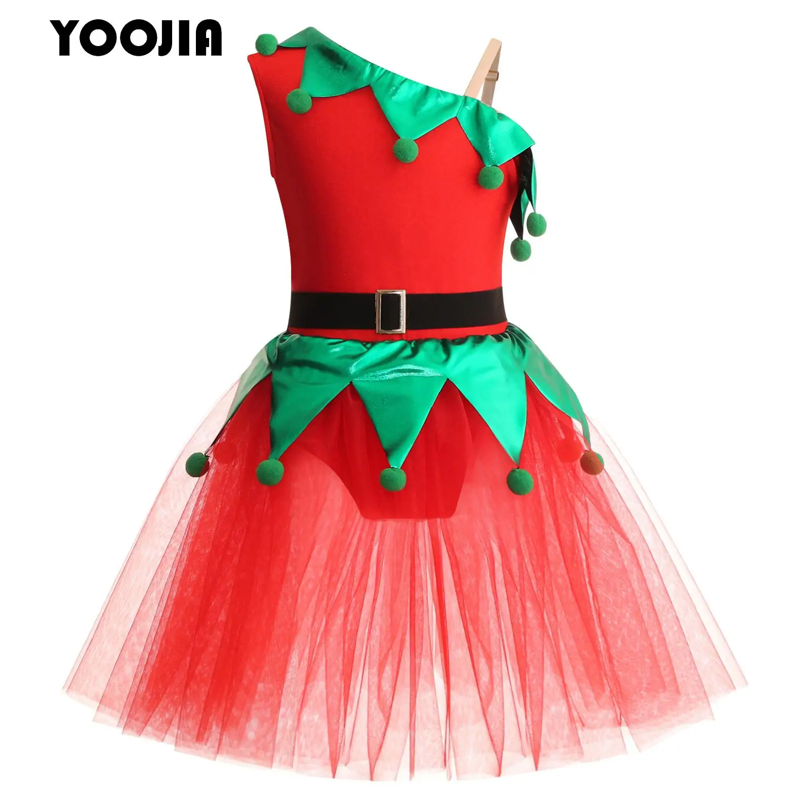 

Girls Christmas Dance Costume Elf Mrs Santa Claus Mesh Tutu Dress Asymmetrical Ballet Dance Gymnastics Leotard Skating Dancewear