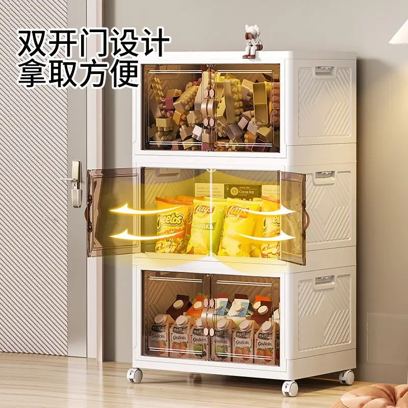 Multilayer storage cabinet with foldable double door organizing box transparent storage box household bathroom storage rack