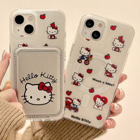 Cute Sanrio Hello Kitty Magnetic Card Wallet Holder Magsafe Wireless Charge Phone Case For iPhone 16 15 14 13 12 Pro Max Cover