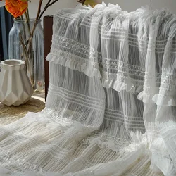 Spring Summer Striped Chiffon Fabric Wood Ear Embroidered Wrinkled Fabric Fashion Womenswear Dress Draped Fabrics