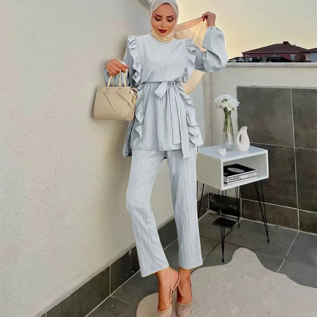 Women Eid Muslim Sets Two Pieces Kaftan Islam Ensemble Blouses Solid Ruffles Belt Wide Leg Pants Arab Casual Loose Pleated