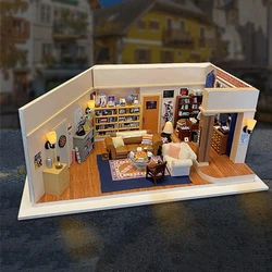 DIY Wooden Sheldons's Apartment Casa Miniature Building Kits Bookend Lights Assembled Bookshelf Home Decoration Friends Gift