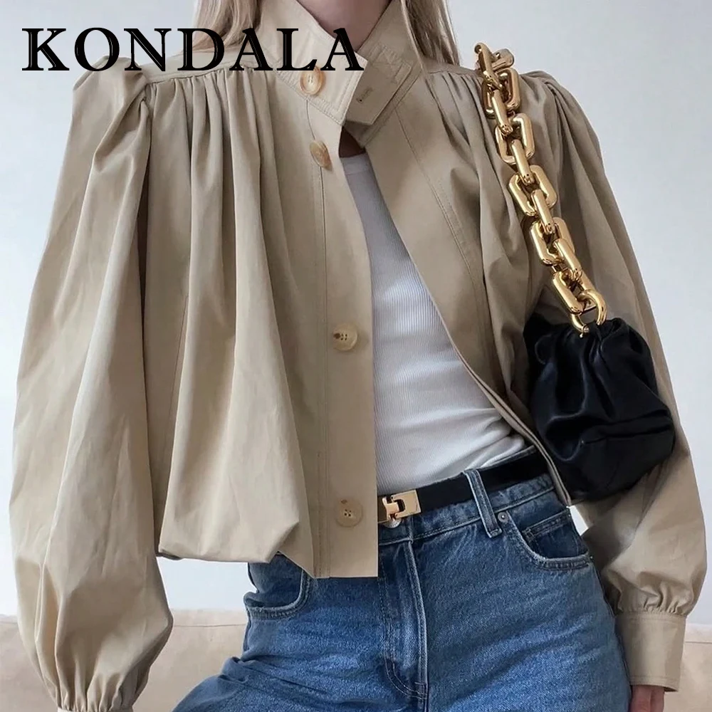 KONDALA Vintage Winter High Neck Streetwear Pleated Women Jacket Fashion 2025 Beige Modern High Street Chic Fall Female Outwear