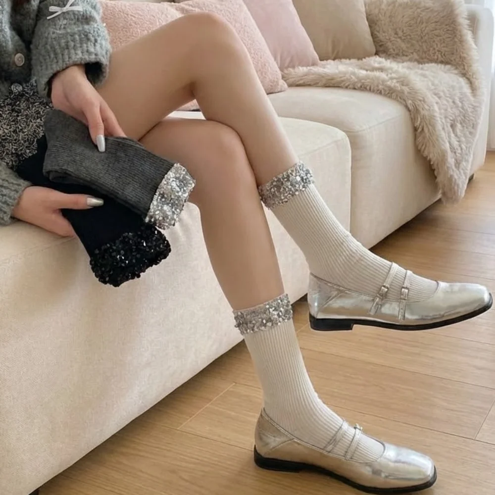 

Хлопковые блестящие носки для девочек, однотонные, с пайетками, короткие, влагоотводящие, средней длины, модные, весна-осень