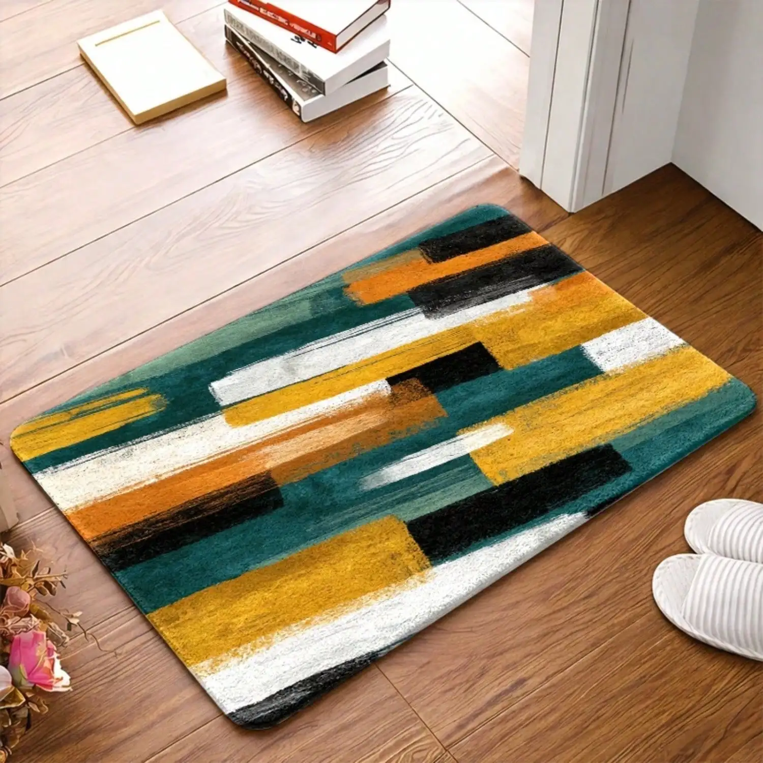 1pc, Modern Abstract Color Block Flannel Mats, Featuring A Non-Slip Rubber Backing, Durable, Machine Washable, Highly Versatile, Suitable For Living Rooms