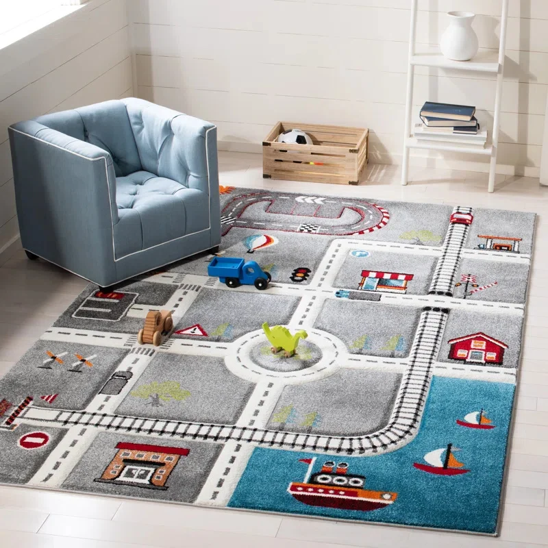 Kids Playmat Carpet Highway 3D Playroom Rug Cartoon Extra Large Toddler Activity Mat for Race Cars Toys Gift for Boys & Girls