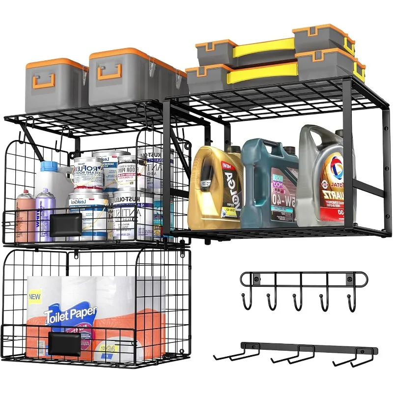 

Wall Mounted with Wire Baskets, Heavy Duty Wall Shelving with Garden Tool Rack and Hooks, Wire Shelf Baskets Tool O