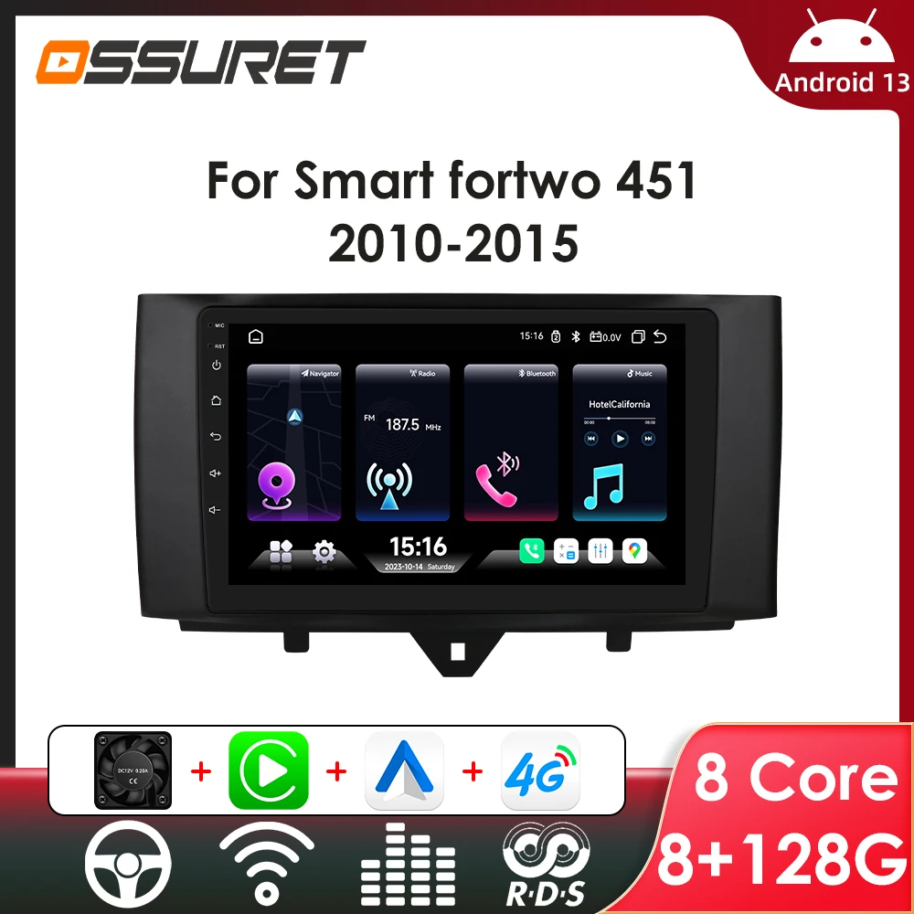 Lecteur Intelligent d'autoradio Android pour Smart Fortwo 451 2005 - 2015 lecteurs stéréo de voiture sans fil CarPlay 2Din GPS unité centrale Wifi