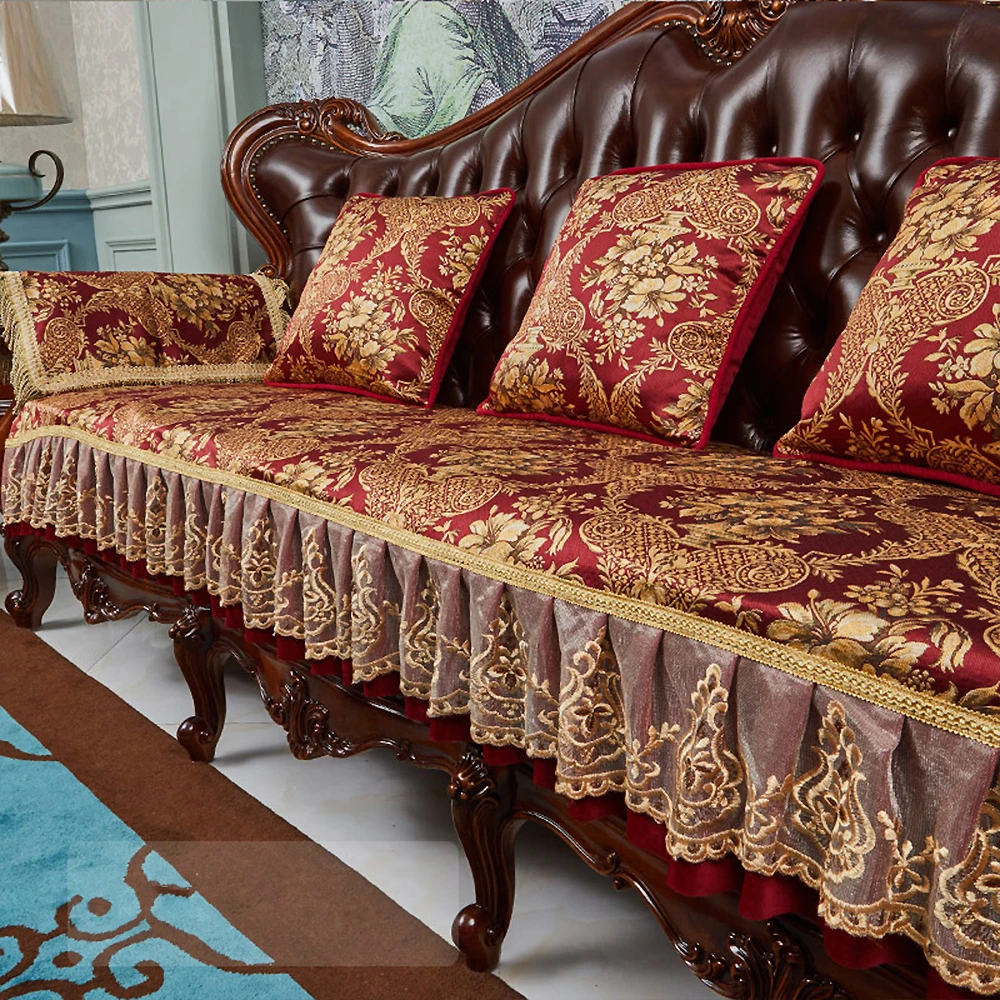 Living Room Sofa Cover Luxury Jacquard Embroidery Slipcover Lace Armchairs Towel Home Decor Anti-slip Couch Protection Cover
