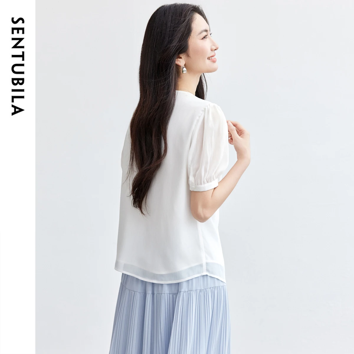 SENTUBILA Chiffon Shirt Summer Pinch Pleated Round Neck Blouse Women 2025 New Collection White Top Women's Clothing Q52VA1868