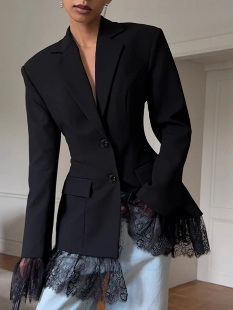 

Новый весенний элегантный кружевной блейзер-пиджак для женщин, модный офисный стиль, с длинными рукавами, однобортный, черный, повседневный, приталенный.