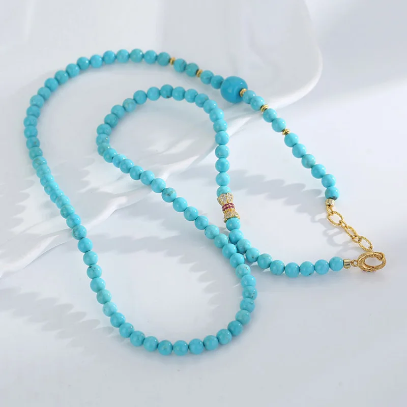 Natural Turquoise Round Beads Old Beaded Women's Necklace New Style Sweater Chain