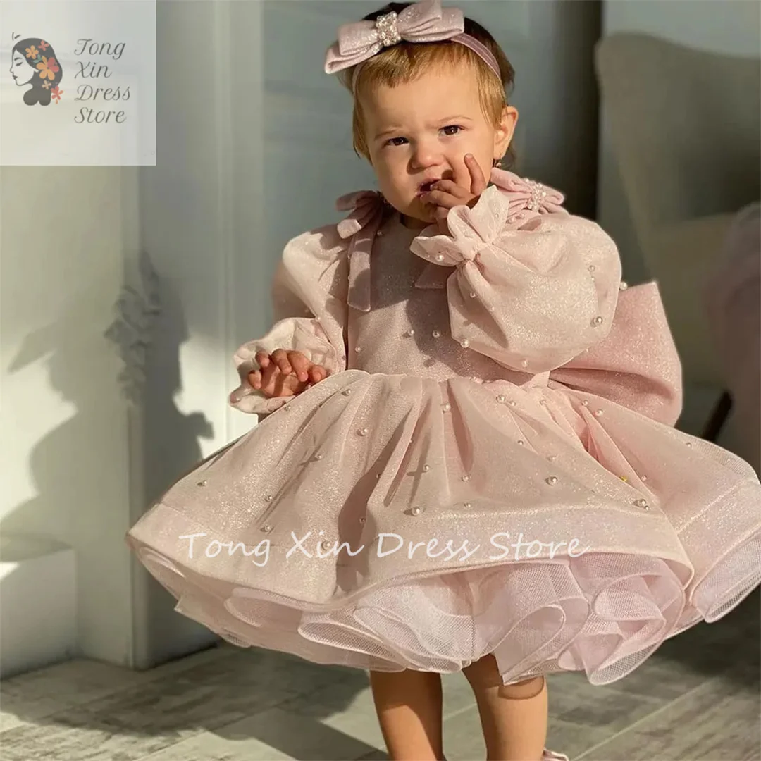 Flower Girl Dress For Wedding Pearls Full Sleeves Bow Puffy Baby Kids Birthday First Communion Party Gown 2024 New