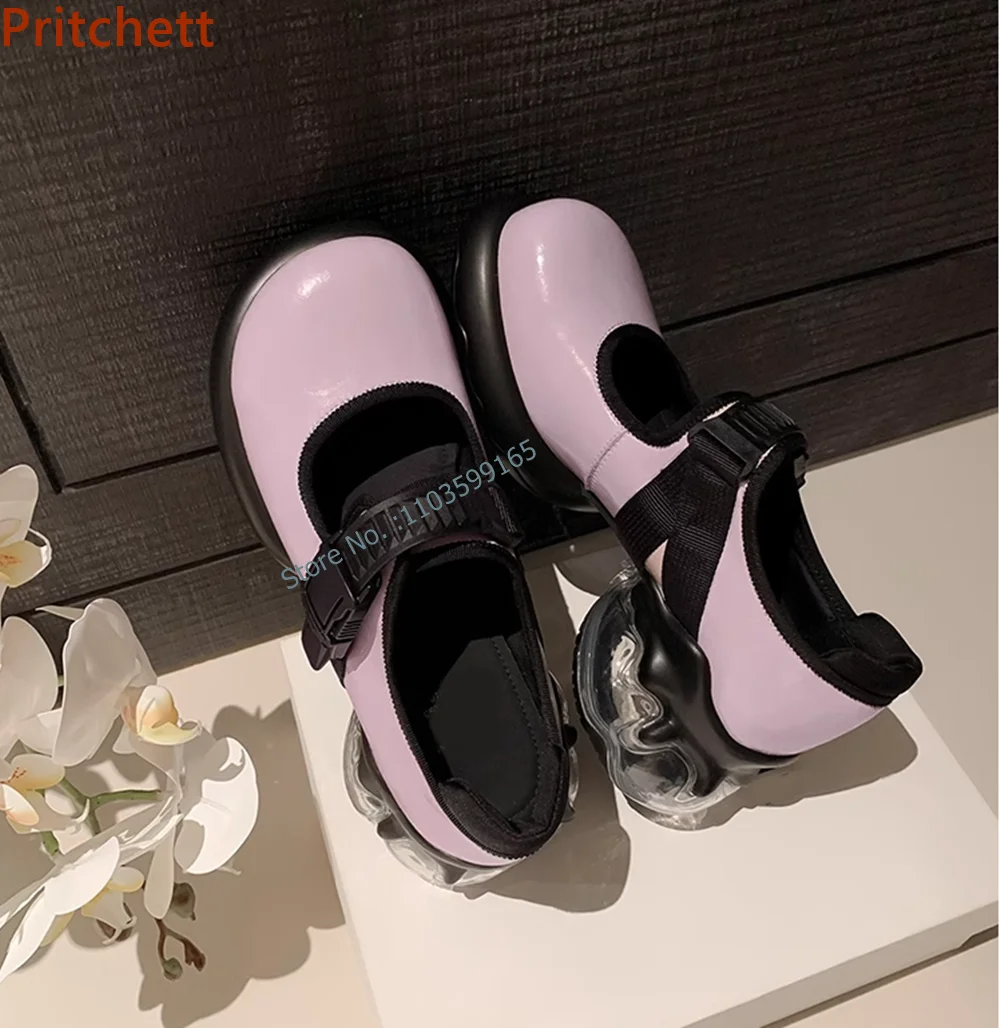 Bubble Heel Round Toe Sneaker Solid Black Buckle Strap Mary Jane Pumps Shallow High Increase Casual Women's Shoes Concise