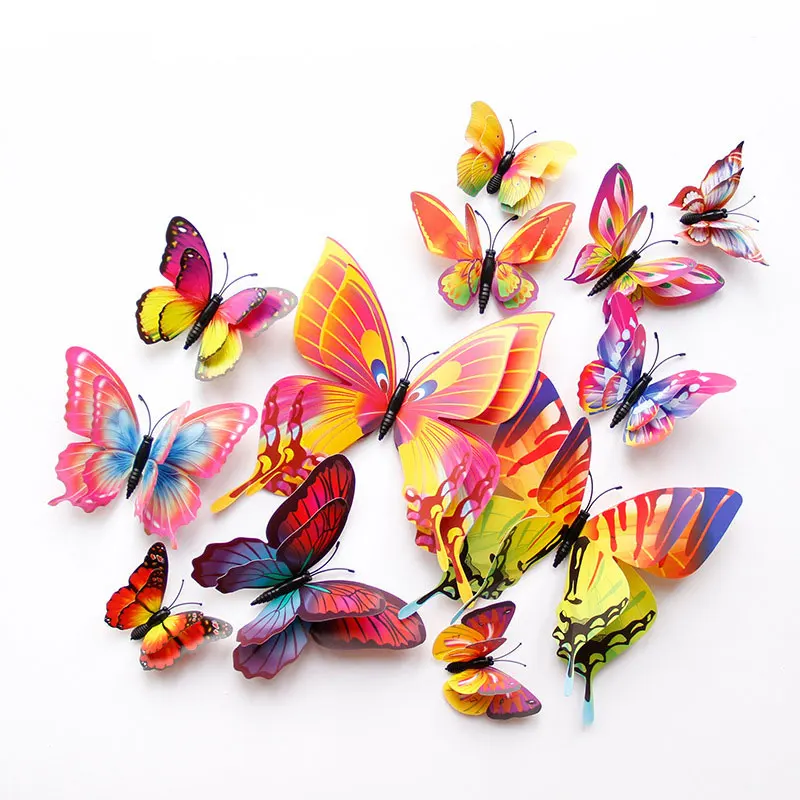 12pcs 3D Double Layer Butterflies Wall Stickers Living Room Decor Wedding Kids Room Decoration DIY Wall Art Magnet Stickers