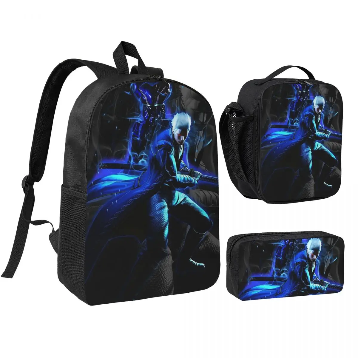 Vergil From The Devil May Cry Seri Backpack Boys Girls BookBag School Bag Shoulder Bags 3ps Insulated Lunch Bag Pencil Case