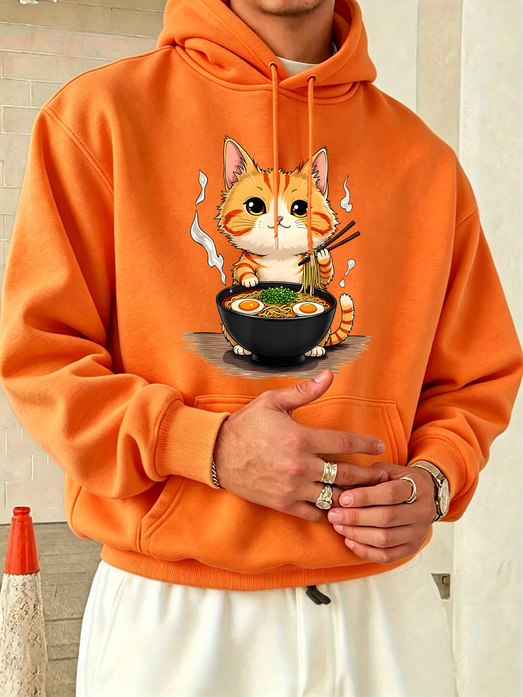 Kitten Who Likes To Eat Lamian Noodles Printing Men Fleece Loose Retro Long Sleeve Casual Clothes Spring O-Neck All-Match Hoodie