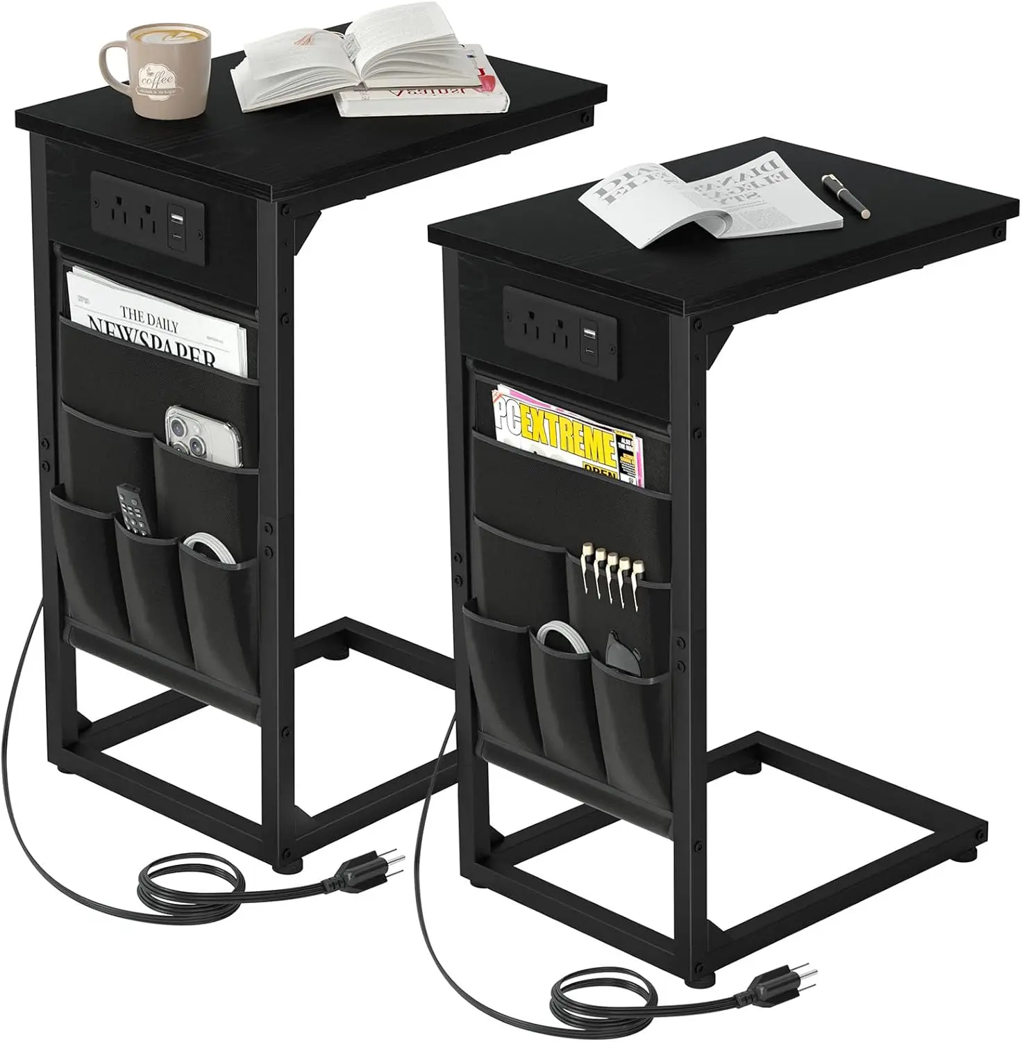 

C Shaped End Table with Charging Station, TV Tray Set of 2, Couch Tables with Storage Bag, Slide Under Sofa Side Table with