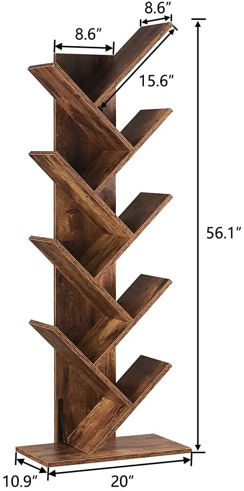 Industrial 9-shelf tree bookshelf, floor standing tree bookcase bookshelves storage rack in home and office