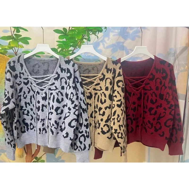 Khaki Women Clothing Vintage Knitting Sweater Grey Jacket V-neck Leopard Print Pullover Long Sleeve Fashion Female Winter Tops