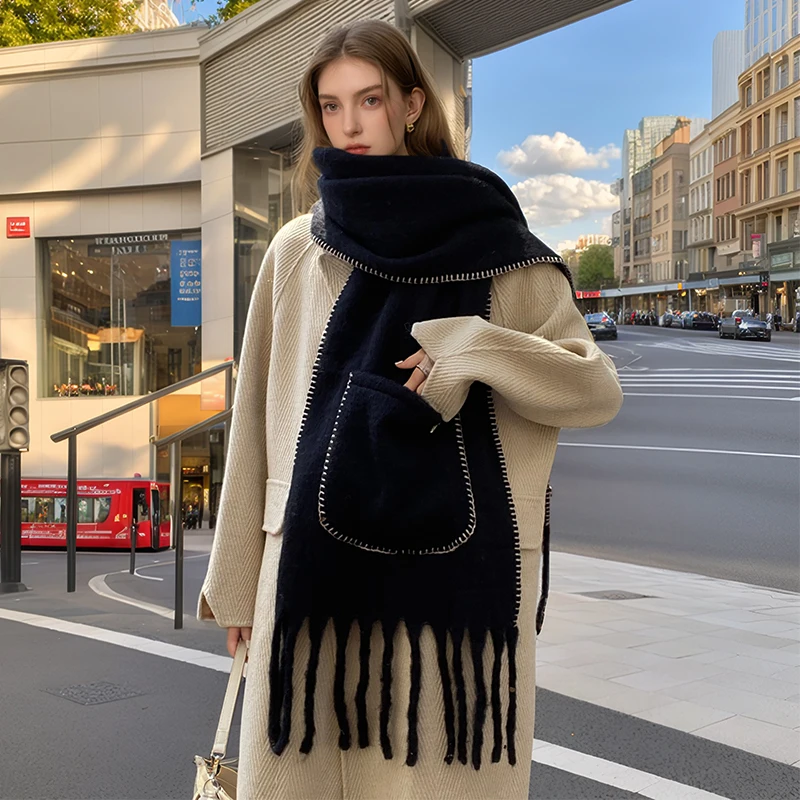 Solid Color Winter New Wool Blended Pocket Scarf  Fashion Warm Women's Scarf Luxury Brand Extended Thick Shawl