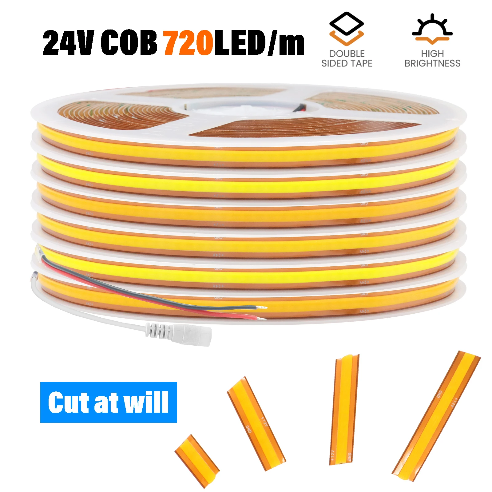 Cut Freely COB LED Strip Light 24V Super Bright 720 LEDs/m Flexible Tape 8MM PCB High Density Linear Lighting Warm Natural White