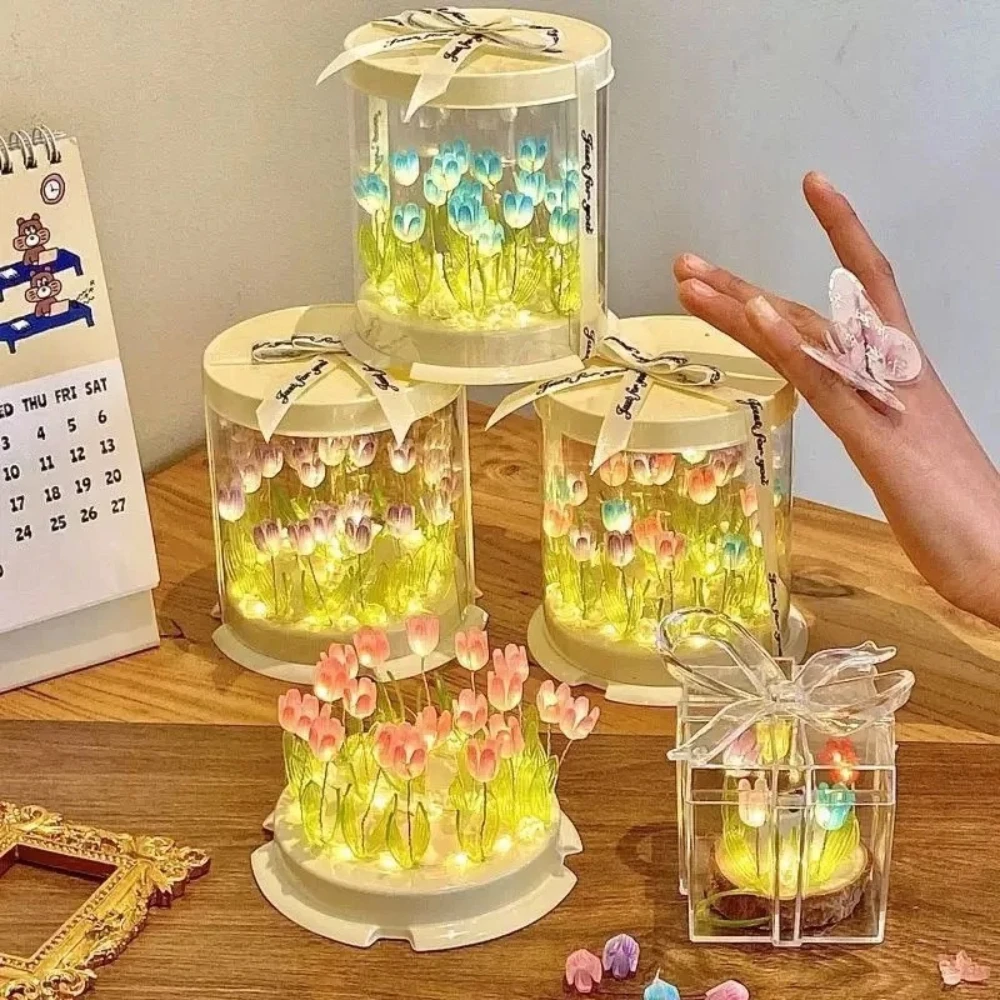 Tulip Lamp DIY Handmade Material Package,Simulation Flower Sea Cake Box Bedroom Sleeping Table Lamp Craft Decor Tulip Gift Light