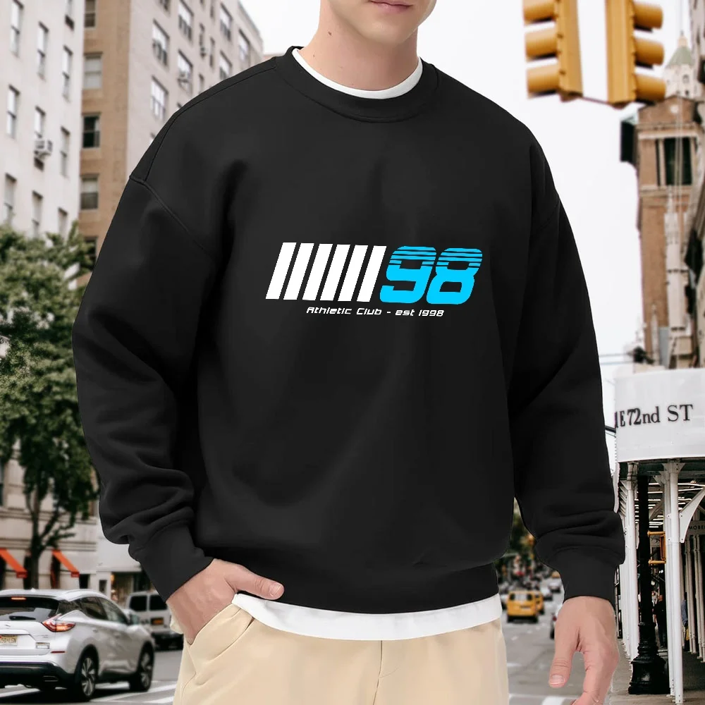 

Men's Black Crew Neck Long-Sleeve Sweatshirt with Digital Letter Print, Loose Fit, Street Casual Style Top, Versatile Trendy Item for Everyday Wear and Sports