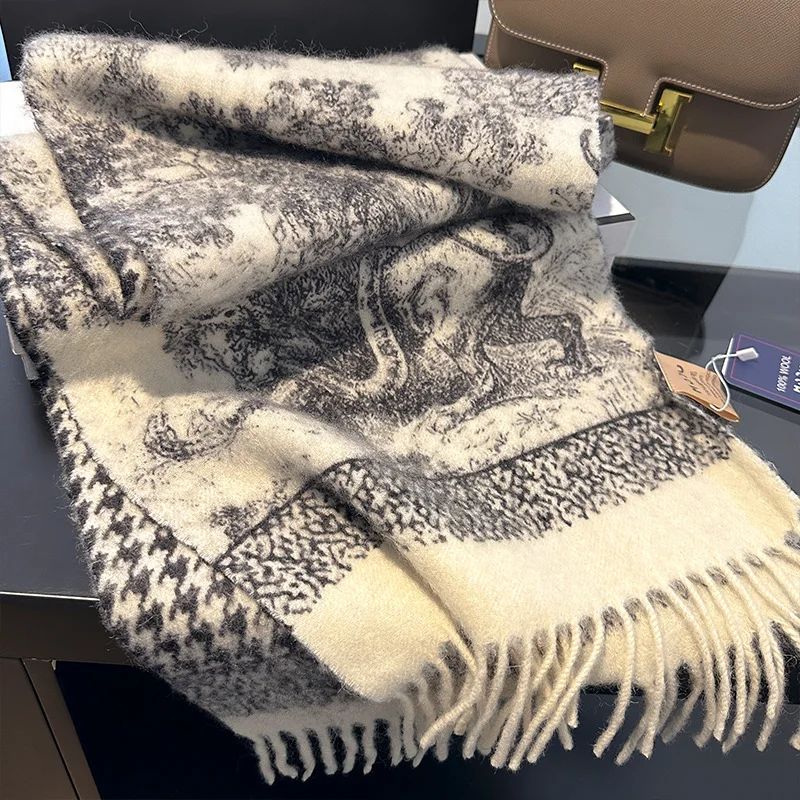 وشاح من الصوف شال نسائي مطبوع عليه حديقة الحيوان خفيف فاخر متعدد الاستخدامات للخريف والشتاء وشاح دافئ سميك