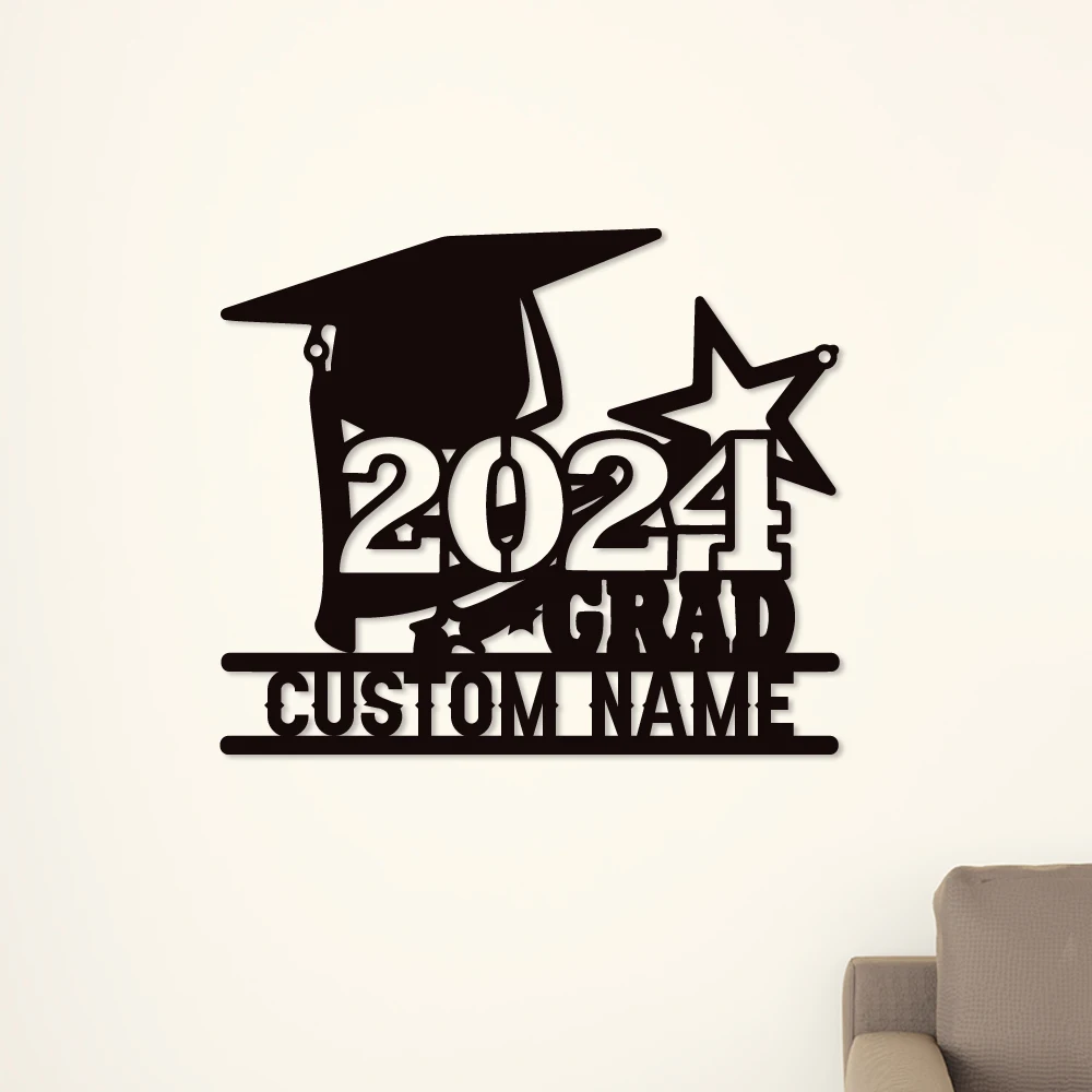 

1pc 2024 hat with star grad Customized Name Metal Wall Signs Iron Wall Plaque Decor Living Room Bedroom Removable