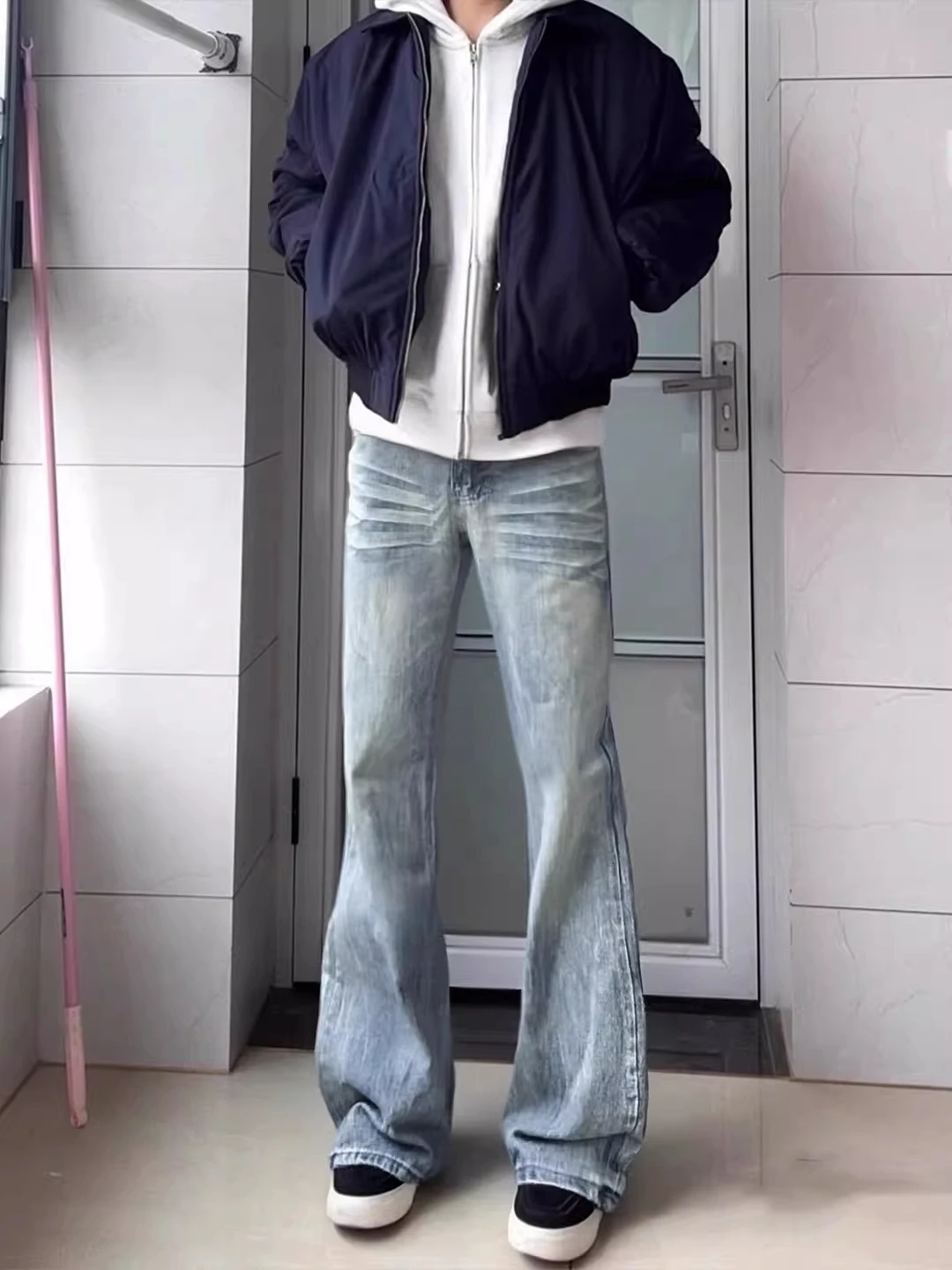 

American High Street Vibe Men's Fce Lined Micro Flare Jeans Lightning Pattern Slimming Straight Leg Jeans Winter Wear